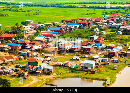 Floating village Phnom Krom, green rice fields, Tonle Sap, Siem Reap, Cambodia Stock Photo