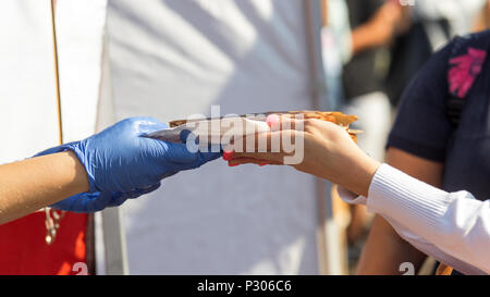 Farmers creperie, farmers street food market, vendor performs how to make pancakes - crepes. Chef hands in blue gloves serve pancake on the paper tray Stock Photo