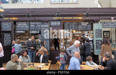 Altrincham successful retail town market (similar to Borough Market), Trafford Council, Greater Manchester, North West England, UK Stock Photo