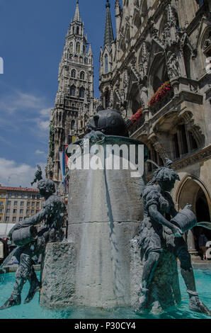 The Fish Fountain, or as it is called in Germen, Fischbrunnen, is a small fountain at the North-East corner of Marienplatz. Stock Photo