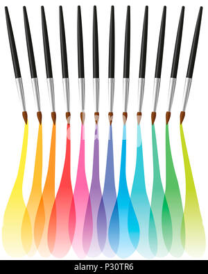 Paintbrushes painting colorful rainbow colored merging brushstrokes - illustration on white background. Stock Photo