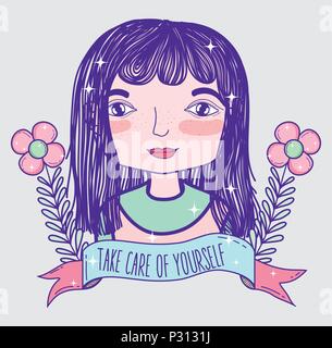 Take care of yourself quote with girl cartoon Stock Vector