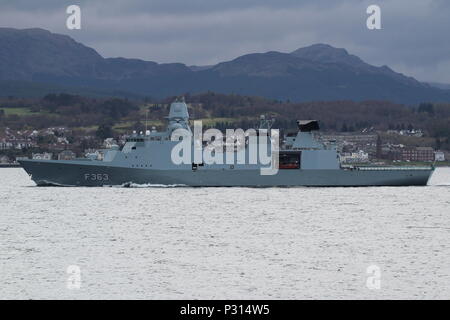 KDM Niels Juel (F363), an Iver Huitfeldt-class frigate operated by the Royal Danish Navy, passing Gourock at the start of Exercise Joint Warrior 18-1. Stock Photo