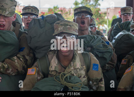 New Soldiers arriving for their first day of Basic Combat Training, Aug. 19, with Company F, 1st Battalion, 34th Infantry Regiment on Fort Jackson, S.C. are 'welcomed' by drill sergeants from both the U.S. Army and U.S. Army Reserve. The reserve drill sergeants are from the 98th Training Division  (IET), 108th Training Command (Initial Entry Training) currently fulfilling their 29-day annual training commitment. (U.S. Army Reserve photo by Sgt. 1st Class Brian Hamilton/ released) Stock Photo