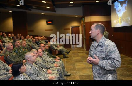 Col. Gentry Boswell, 28th Bomb Wing commander, provides opening remarks to inspection team members at the unit mission briefing at Ellsworth Air Force Base, S.D., Aug. 21, 2016. During a Unit Effectiveness Inspection, inspectors validate and verify a wing commander's Inspection Program for accuracy, adequacy and relevance, and provide an independent assessment of the Wing’s ability to execute the mission. (U.S. Air Force photo by Airman 1st Class Donald C. Knechtel/Released) Stock Photo