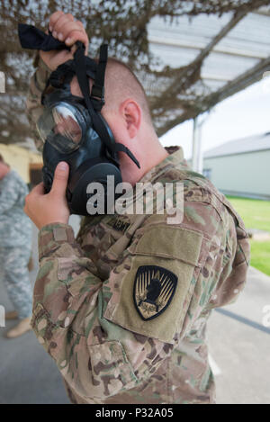 A U.S. Soldier with 650th Military Intelligence Group demonstrates how to don an M50 joint service general purpose mask in the TSC Benelux facilities, on Chièvres Air Base, in Chièvres, Belgium, Aug. 18, 2016. (U.S. Army photo by Visual Information Specialist Pierre-Etienne Courtejoie) Stock Photo