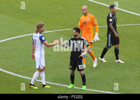 Spartak Stadium, Moscow, Russia. 16th June, 2018. FIFA World Cup Football, Group D, Argentina versus Iceland; Captains Birkir Bjarnason shakes hands with Lionel Messi at the final whistle Credit: Action Plus Sports/Alamy Live News Stock Photo