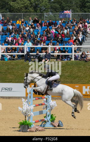 Female showjumper on a grey horse touches down after jumping a fence at ...