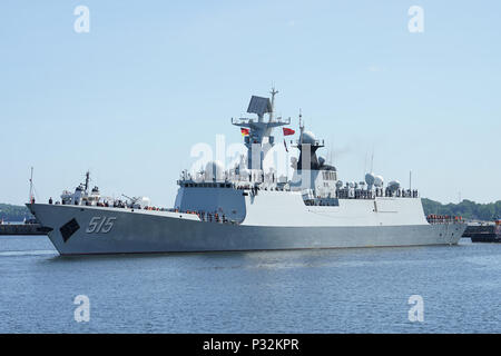 Kiel. 15th June, 2018. Chinese frigate 'Binzhou' visits the military port of Kiel in north Germany on June 15, 2018. The Chinese frigate will also take part in the 'Kiel Week' activities. Credit: Wang Qing/Xinhua/Alamy Live News Stock Photo