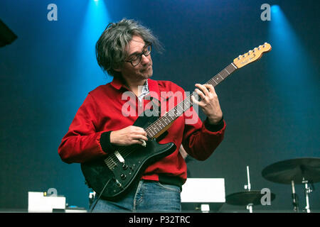 Norway, Oslo - June 16, 2018. The French indie pop band Phoenix performs a live concert during the Norwegian music festival Piknik i Parken 2018 in Oslo. Here guitarist Laurent Brancowitz is seen live on stage. (Photo credit: Gonzales Photo - Stian S. Moller). Stock Photo