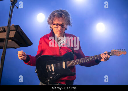 Norway, Oslo - June 16, 2018. The French indie pop band Phoenix performs a live concert during the Norwegian music festival Piknik i Parken 2018 in Oslo. Here guitarist Laurent Brancowitz is seen live on stage. (Photo credit: Gonzales Photo - Stian S. Moller). Stock Photo