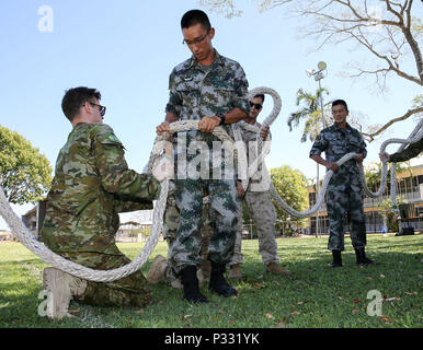 Australian Army, US Army, US Marine Corps and Chinese People's Liberation Army personnel participate in team building activities during Exercise Kowari at Larrakeyah Barracks in Darwin, Northern Territory, on 25 August 2016. Kowari is an Australian army-hosted survival skills exercise designed to increase defense cooperation between forces from the U.S., Australia and China. (Australian Defence Force photo by Cpl. Jake Sims) Stock Photo