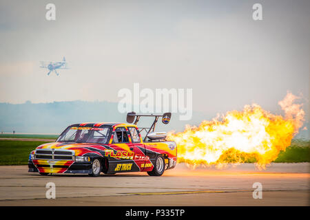 The Flash Fire Jet Truck practices its routine at Rosecrans Memorial Airport, St. Joseph, Mo., August 26, 2016. The vehicle will be performing for the Sounds of Speed Airshow and Open House. (U.S. Air Force photo by Senior Airman Patrick P. Evenson) Stock Photo