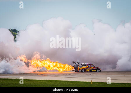 The Flash Fire Jet Truck performs a routine during the Sound of Speed Air Show and Open House at Rosecrans Memorial Airport, St. Joseph, Mo., August 27, 2016. The air show was hosted by the 139th Airlift Wing, Missouri Air National Guard to the thank the community for their support. (U.S. Air Force photo by Senior Airman Patrick P. Evenson) Stock Photo