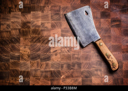 Top of wiev vintage butcher meat on wooden board. Stock Photo