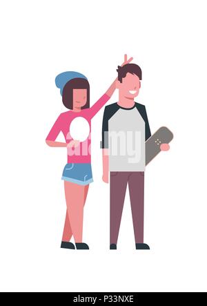sister hold horns brother skateboard full length avatar on white background, successful family concept, flat cartoon Stock Vector