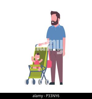 father beard with baby son in stroller full length avatar on white background, successful family concept, flat cartoon Stock Vector