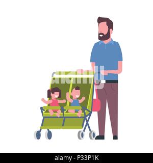 father beard baby sister brother twins double stroller full length avatar on white background, successful family concept, flat cartoon Stock Vector