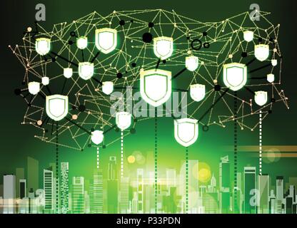 shield over green cityscape Data protection privacy concept GDPR Cyber security network background. shielding personal information. internet technology networking connection on digital space. Stock Vector
