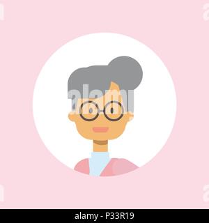 cute grandmother face happy woman glasses portrait on pink background, female avatar flat Stock Vector