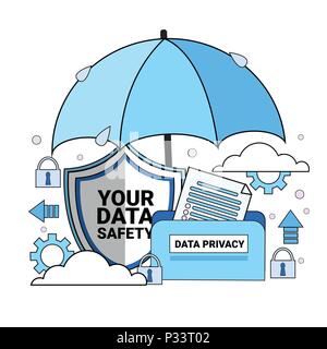 data safety cloud shield folder paper umbrella over synchronization General Data Protection Regulation GDPR server security guard on white background flat vector illustration Stock Vector