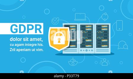 padlock shield on data storage center with hosting servers and staff over blue background, computer technology, network and database, internet center, communication support, copy space flat design Stock Vector