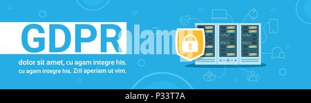padlock shield on data storage center with hosting servers and staff over blue background, computer technology, network and database, internet center, communication support, copy space banner flat Stock Vector