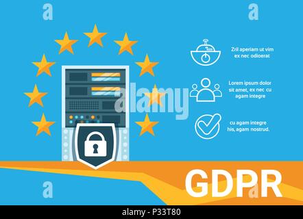 padlock shield stars infographic on data storage center with hosting servers and staff over blue background, computer technology, network and database, internet center, communication support, flat Stock Vector