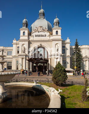 Art Nouveau style main entrance, Lviv-Holovnyi Central Railway Station, Ukraine Stock Photo