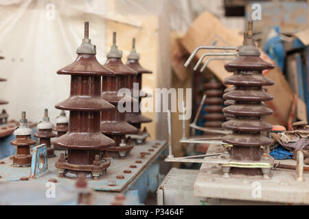 Spark gap surge arrestors on old mains power transformers (3 phase delta to star type) in Indonesia Stock Photo