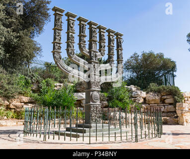 the bronze menorah in Jerusalem next to the rose garden and across the street from the Knesset Stock Photo