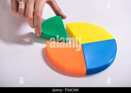 High Angle View Of Businessperson's Hand Placing Last Piece Into Pie Chart Stock Photo