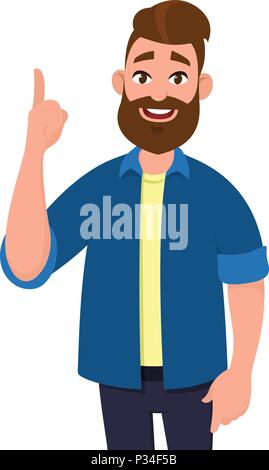 Man pointing finger upward or showing one. Man showing finger that he got idea. One idea! Pointing finger to space. Stock Vector