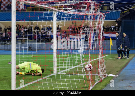 ZAGREB, CROATIA - NOVEMBER 09, 2017: European qualifier for 2018 FIFA World Cup Russia. Croatia vs Greece. Ball in the goal Stock Photo