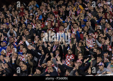 ZAGREB, CROATIA - NOVEMBER 09, 2017: European qualifier for 2018 FIFA World Cup Russia. Croatia vs Greece. Croatian national team fans Stock Photo