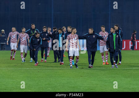 ZAGREB, CROATIA - NOVEMBER 09, 2017: European qualifier for 2018 FIFA World Cup Russia. Croatia vs Greece. Croatian players celebrating victory Stock Photo