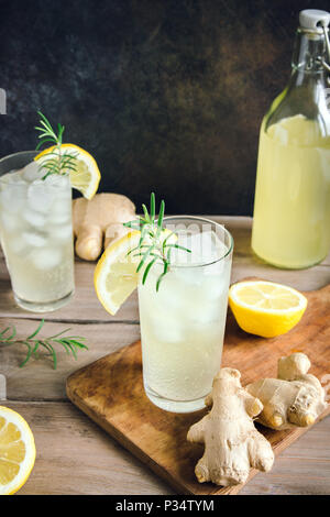 Ginger Ale or Kombucha in Bottle - Homemade lemon and ginger organic probiotic drink, copy space. Stock Photo