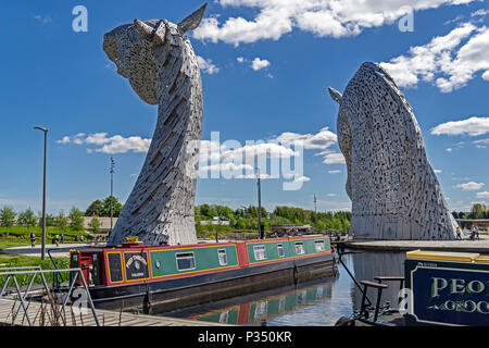 Canal boat at the Kelpies sited by the Forth & Clyde Canal at The Helix park in Falkirk near Grangemount in Scotland UK Stock Photo