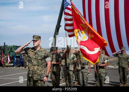 U.S. Marine Lt. Col. Richard Martin, outgoing commanding officer, 1st Marine Support Raider Battalion, U.S. Marine Corps Forces, Special Operations Command, salutes during the National Anthem during a change of command ceremony at Marine Corps Base Camp Pendleton, California, June 15, 2018. A change of command ceremony is an honored tradition during which one commander relinquishes command to another. (U.S. Marine Corps photo by Lance Cpl. Betzabeth Y. Galvan) Stock Photo