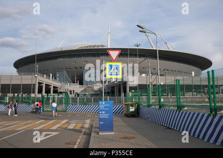 St. Petersburg, Russia - June 16, 2018: People against Saint Petersburg stadium during FIFA World Cup Russia 2018. Saint-Petersburg host 7 matches of  Stock Photo