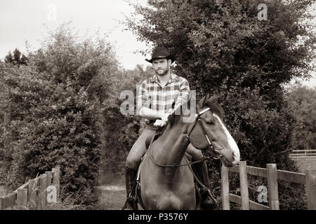 Good looking, hunky cowboy rides horse with boots, chequered shirt and hat Stock Photo