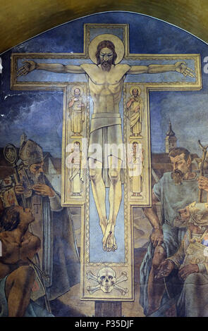 Christ is crucified with evangelists, fresco in the church of St. Mark in Zagreb, Croatia Stock Photo