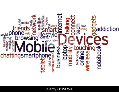 Mobile devices, word cloud concept on white background. Stock Photo