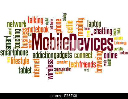 Mobile devices, word cloud concept on white background. Stock Photo