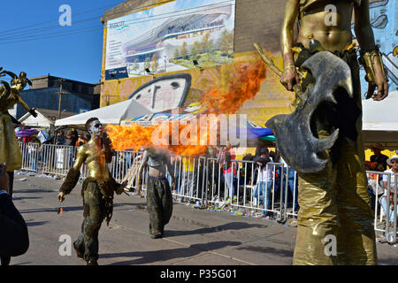 Battle of Flowers, Barranquilla Carnaval.  Performer fire breathing at the Battle of Flowers, Barranquilla Carnaval. Stock Photo