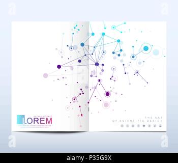 Modern vector template for brochure Leaflet flyer advert banner cover catalog magazine or annual report. Business, science design. Scientific cybernetic dotted world map. Lines plexus. Card surface. Stock Vector