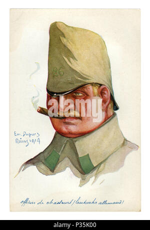 French historical postcard: German officer of the Jaeger with a cigar in his mouth, with the unit number on the cover on the cap. world war one 1914 Stock Photo