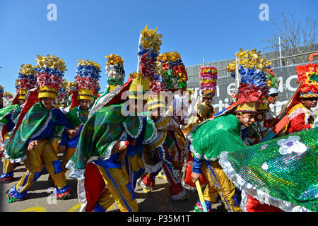 One of the oldest costumes of el Carnaval de Barranquilla is The Congo, they say it was originated from a native war dance of the Congo, Africa. This  Stock Photo