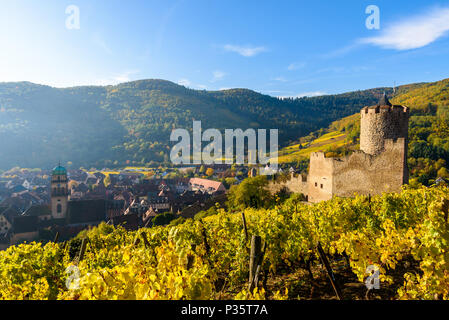 Ruin and Tower at Chateau de Kaysersberg -  Watchtower at village in alsace - France Stock Photo