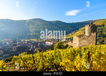 Ruin and Tower at Chateau de Kaysersberg -  Watchtower at village in alsace - France Stock Photo